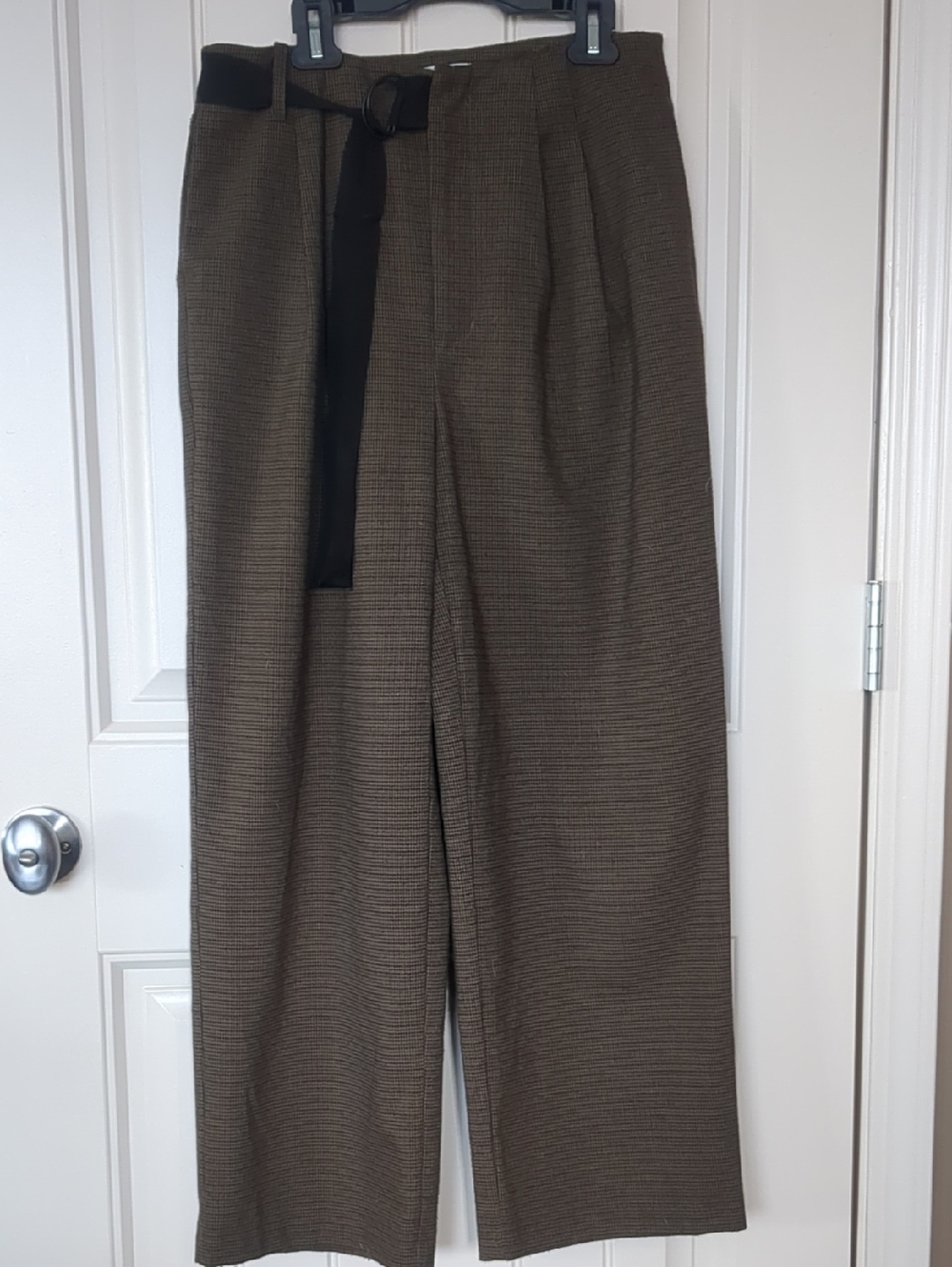 OAK + FORT Brown Glen Plaid Wide-Leg Dress Pants with Black Fabric Belt